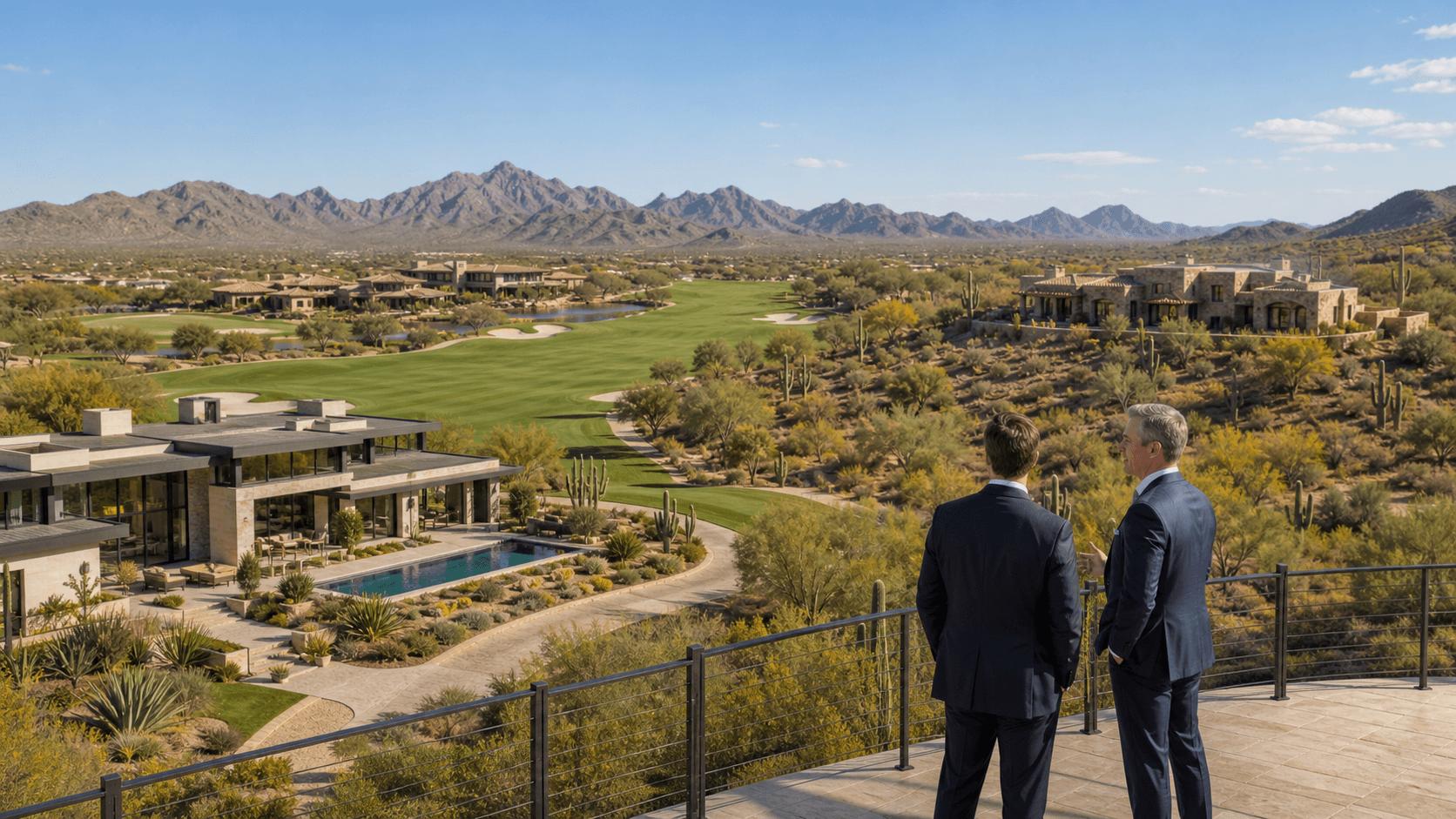 Aerial view of a green golf course beside modern luxury homes and a secluded estate at sunset