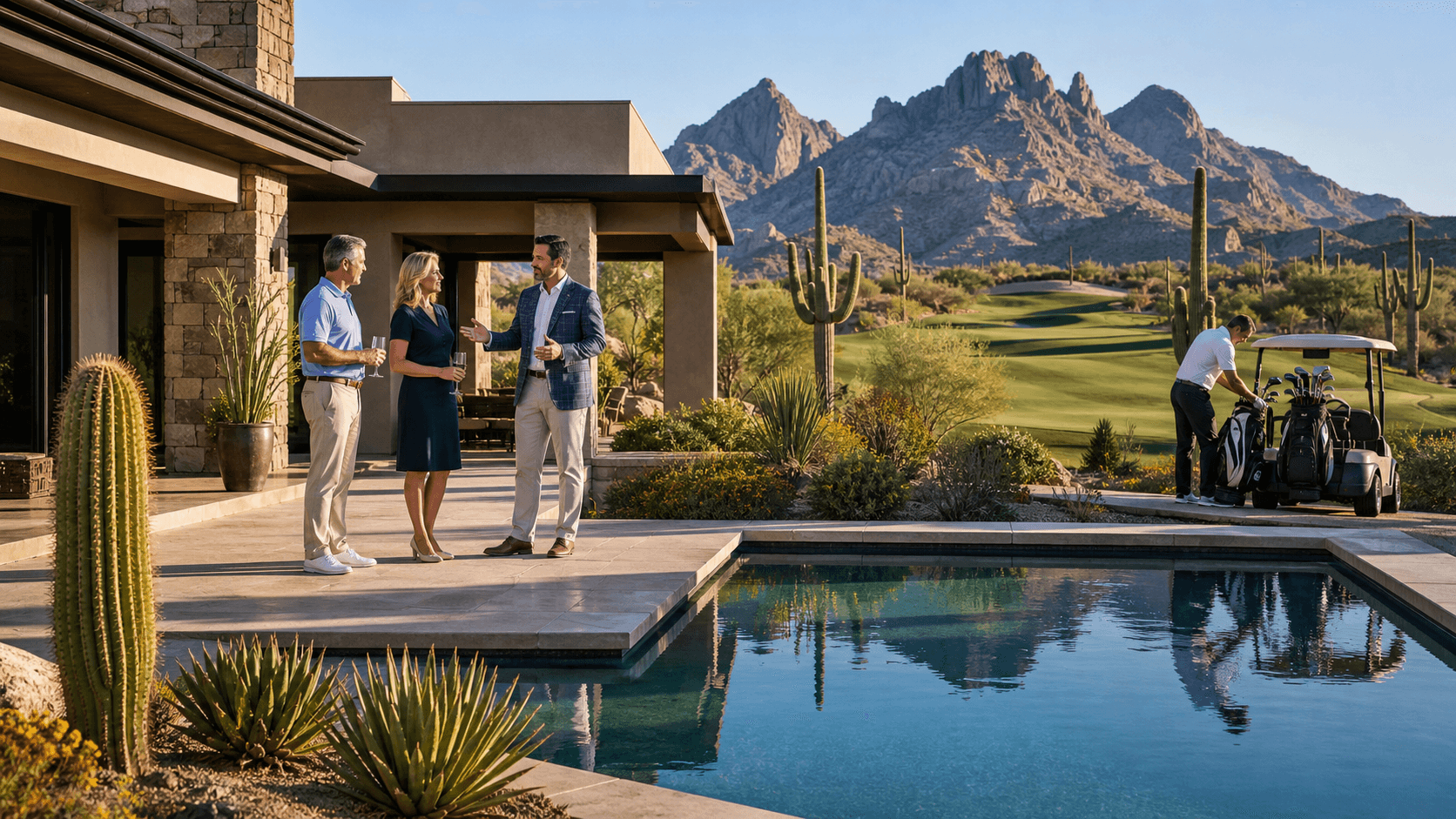 Sunlit modern homes overlook a lush golf course with a family walking beside the green.