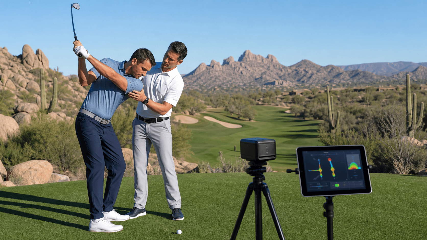 Golfer swings on a driving range beside a launch monitor, with glowing data graphics over green fairways.