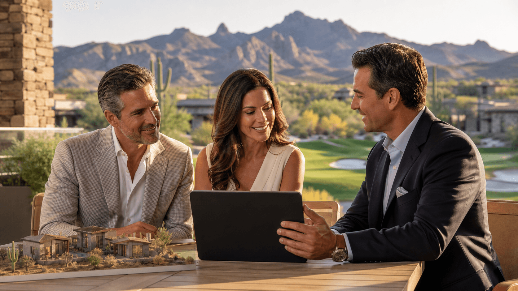 Golfer with clubs stands between two elegant homes overlooking a sunlit green fairway.