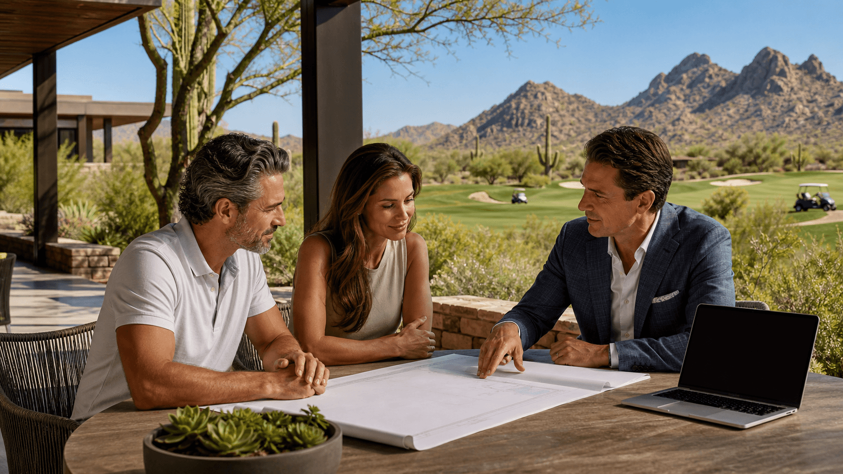 Sunlit desert golf course with palm trees, modern villas, and mountains beneath a clear blue sky.